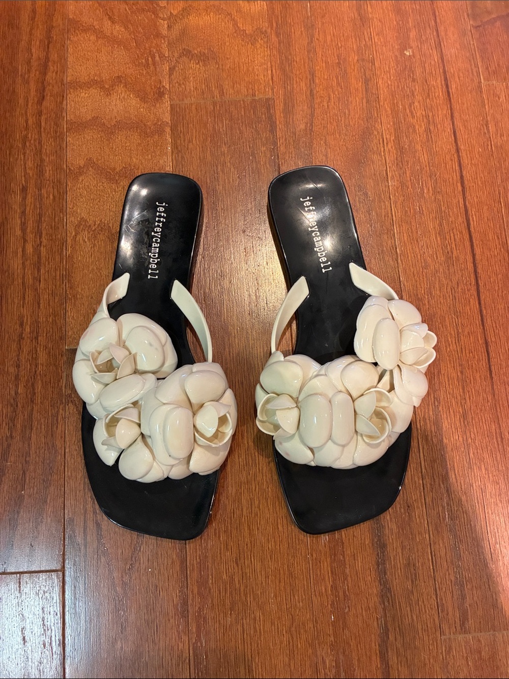 Jeffrey Campbell Black Slide Sandals with Cream Floral Embellishments